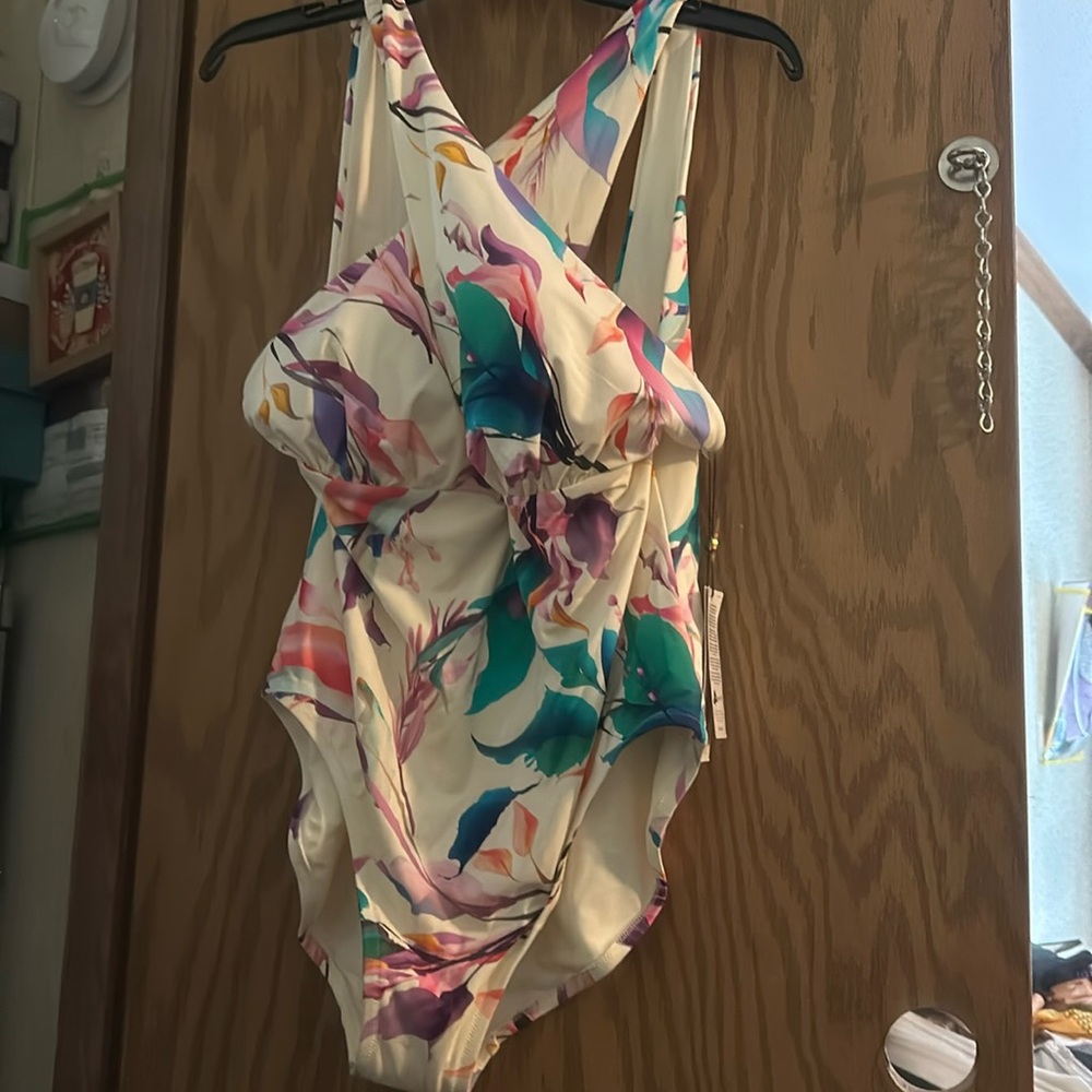 CALIA Cutout Halter One Piece Swimsuit: TROPICAL PRINT: NEW WITH TAGS: SIZE 14